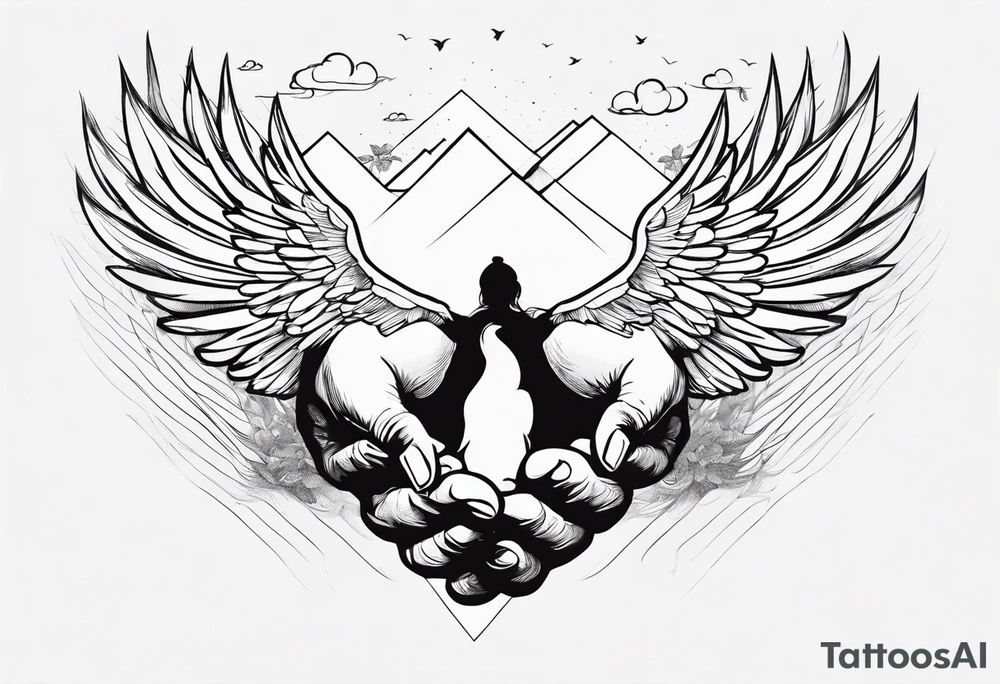 Hands reaching out to sky hands reaches back clouds birds angel baby unisex tattoo idea