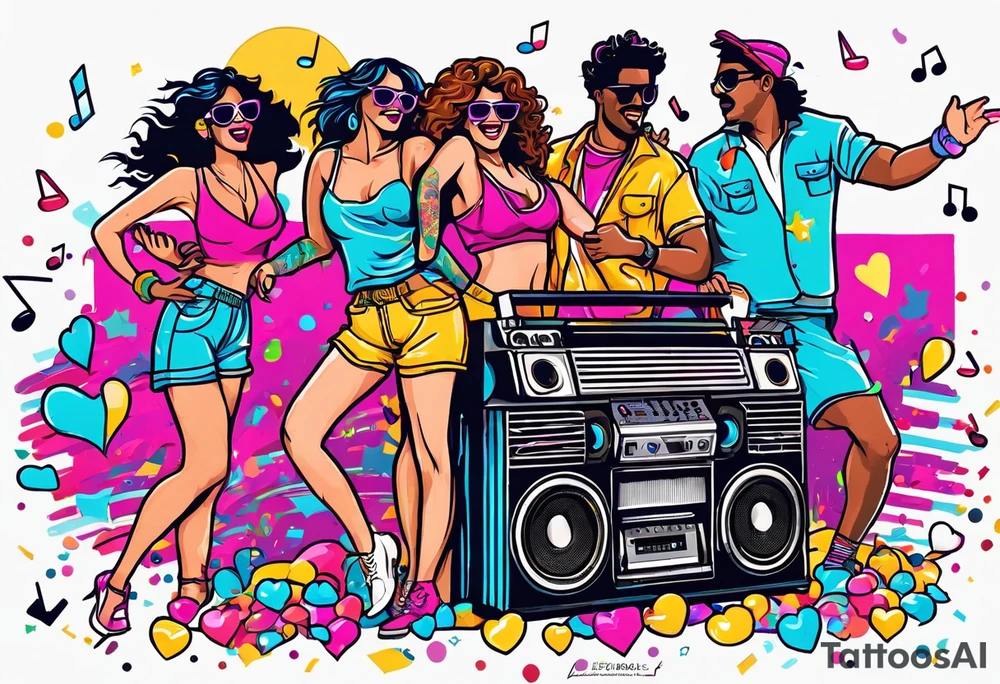 1980's style dance party with boom box and confetti in a beach theme. include people in 80's miami beach clothes, music note. tattoo idea