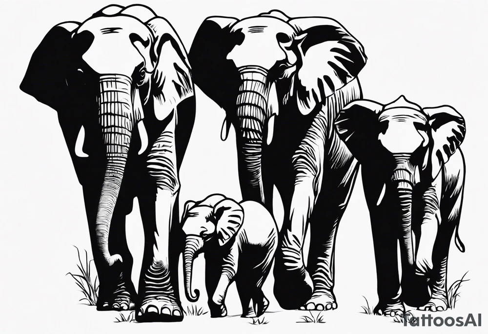 family of 6 elephants walking into sunset tattoo idea