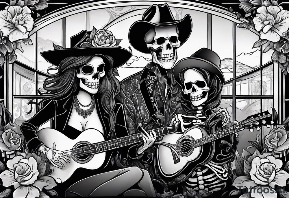 a bar scene with western female and male skeletons. The female skeleton has hibiscus flowers for eyes, and the male skeleton plays the guitar. tattoo idea