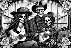 a bar scene with western female and male skeletons. The female skeleton has hibiscus flowers for eyes, and the male skeleton plays the guitar. tattoo idea