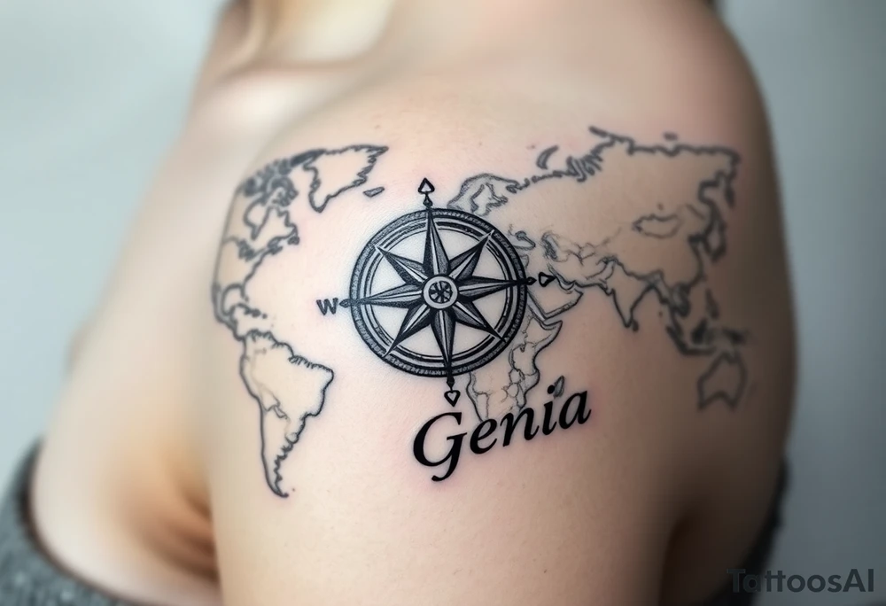 antique compass rose overlaid on weathered world map with name Genia tattoo idea