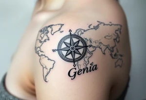 antique compass rose overlaid on weathered world map with name Genia tattoo idea