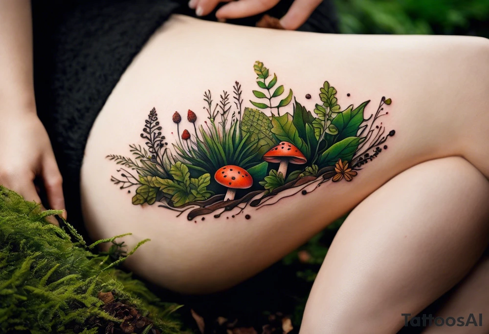 minimalistic forest floor inspired tattoo, which includes grass, moss, curly ferns and dead leaves as the bulk of the tattoo. details to include: forest berries, couple of very small brown mushrooms, a tiny bumblebee flying nearby tattoo idea