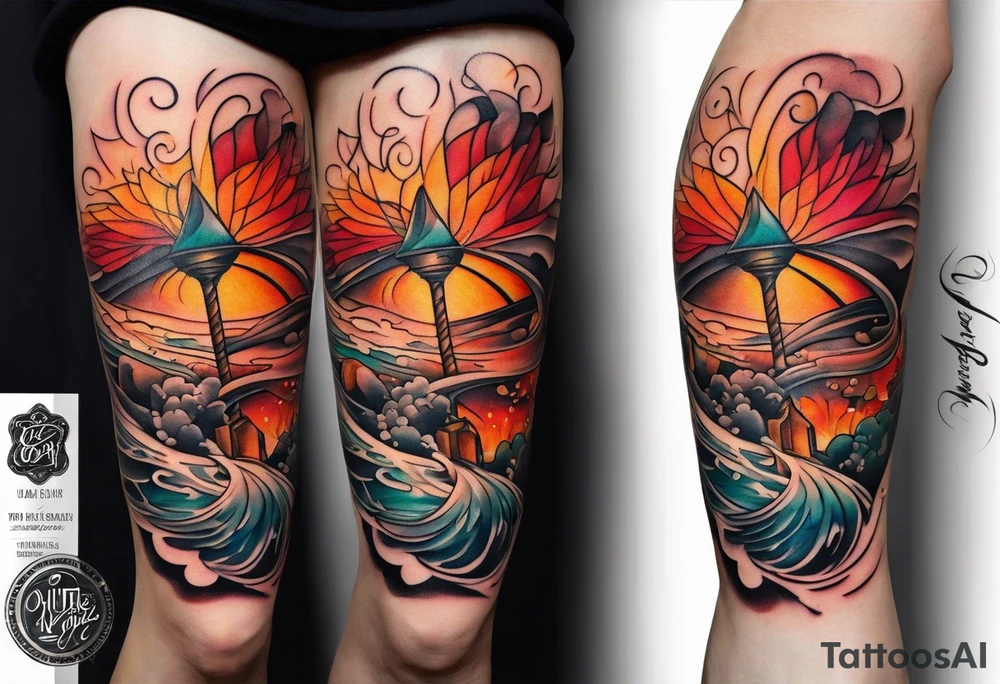 Knee tattoo in fall colors with water flow washes tattoo idea