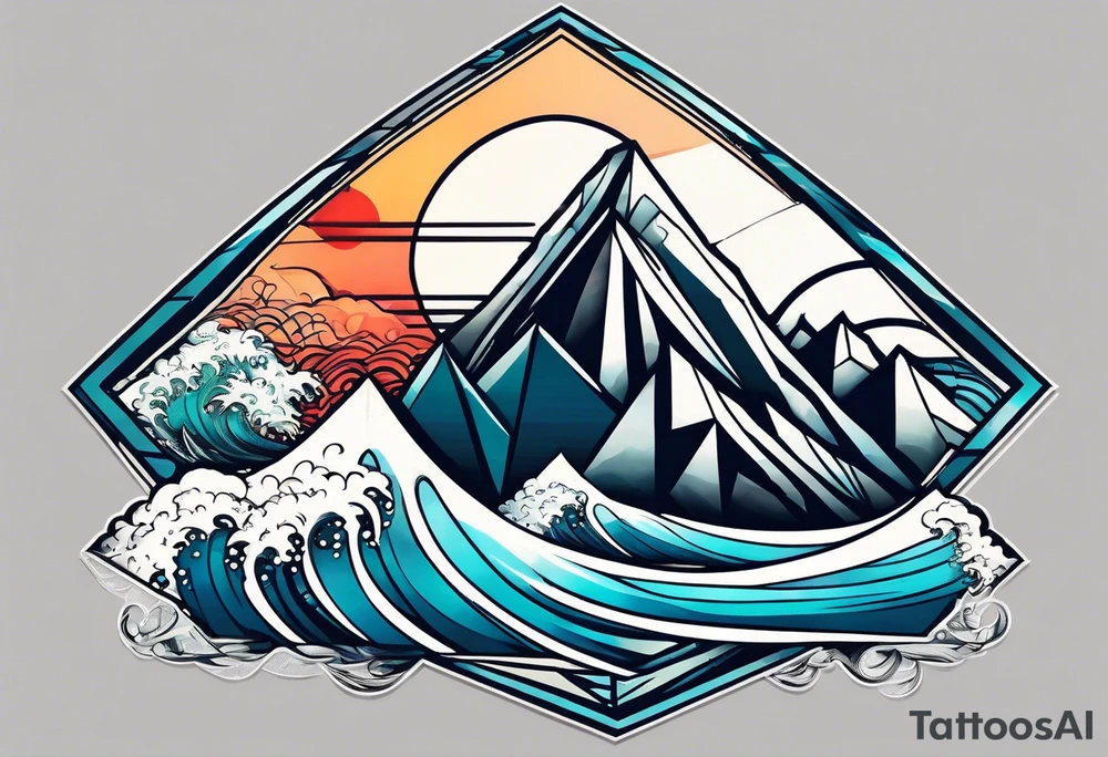 Mountains and big ocean waves  crashing diamond shape half and half tattoo idea