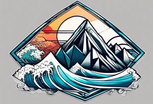 Mountains and big ocean waves  crashing diamond shape half and half tattoo idea
