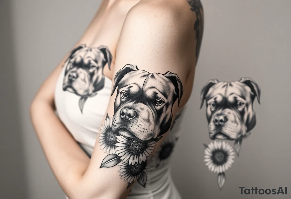 Multiple very thick muscled up pitbulls' portraits fading into the background as filler incorporate sunflowers, an old road made from pavers tattoo idea