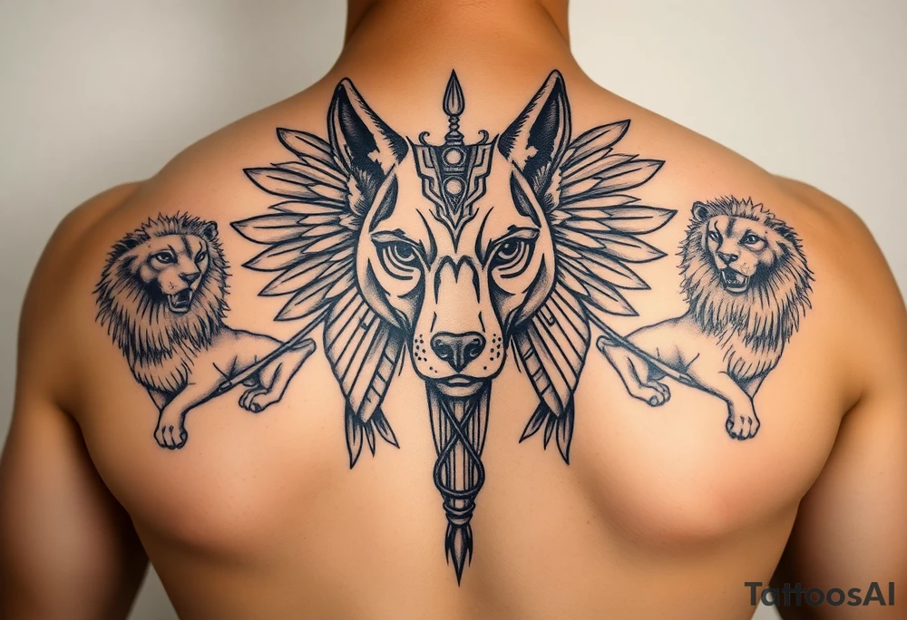 Egyptian Anubis god face muscle in Egypt style dog face surrounded Egyptian symbols and lions tattoo idea