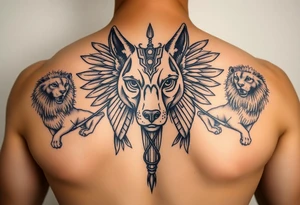 Egyptian Anubis god face muscle in Egypt style dog face surrounded Egyptian symbols and lions tattoo idea
