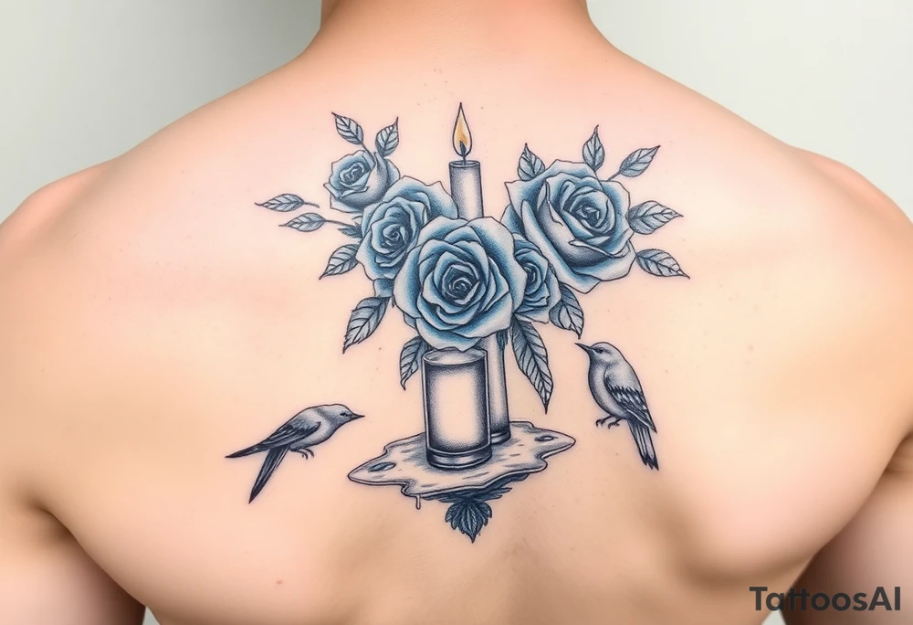 Blue roses and candles, water, birds tattoo idea