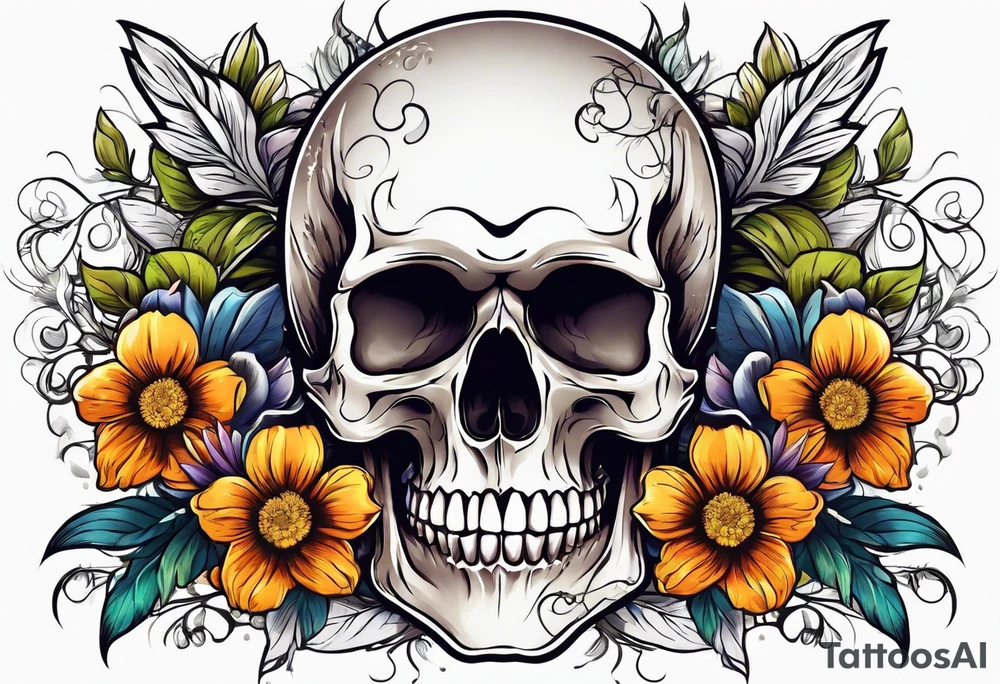 skull with flowers growing on it tattoo idea