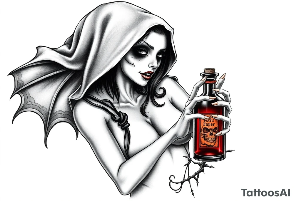 Sexy Female grim. Reaper and her
 death bringer poison bottle tattoo idea