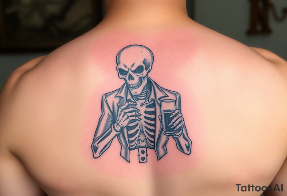evil skeleton in clothes getting drunk tattoo idea
