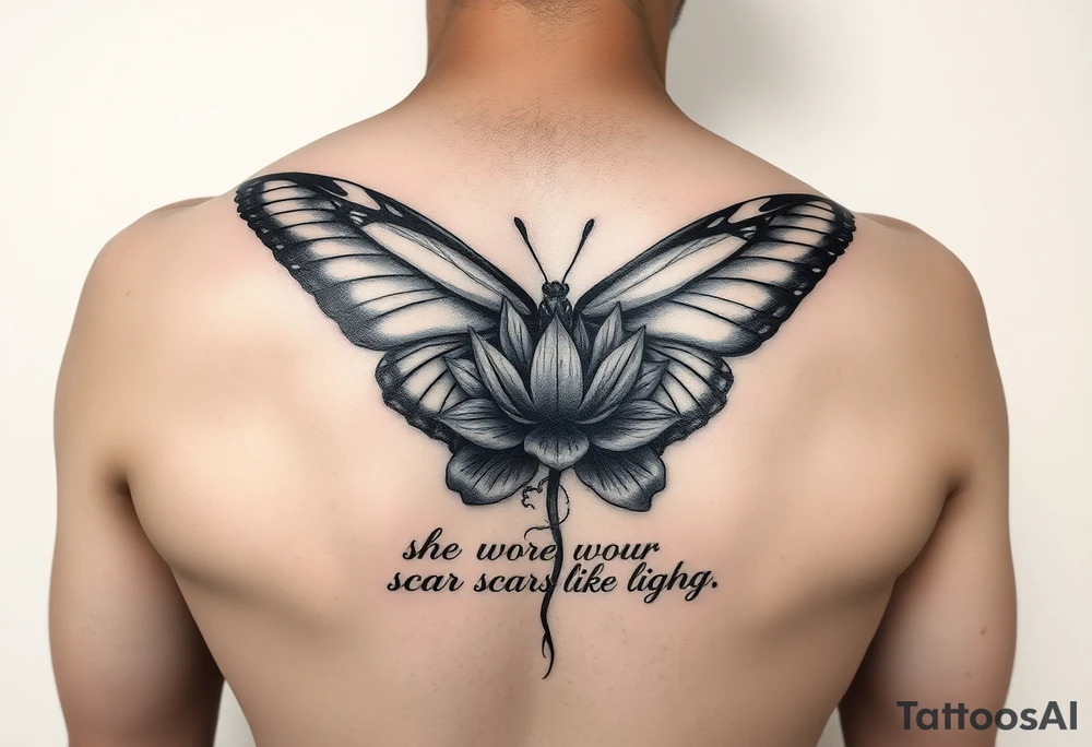 butterfly with cracked wings and lotus flower with quote that says “she wore her scars like wings” all down spine but very elegant tattoo idea