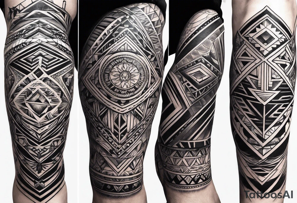 Full leg sleeve and tribal and geometric tattoo idea