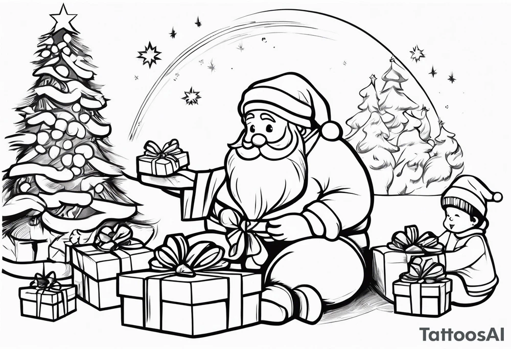 Santa giving gifts to kids tattoo idea