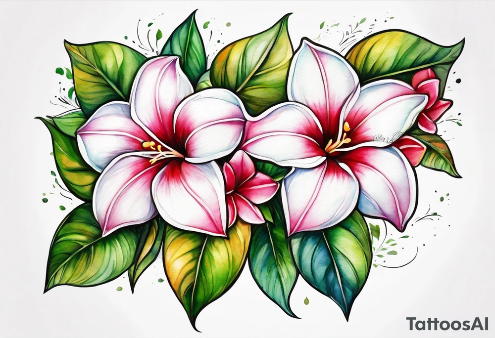 white background, abstract mandevilla flowers on a vine, part of it watercolor, part of it just line work tattoo idea