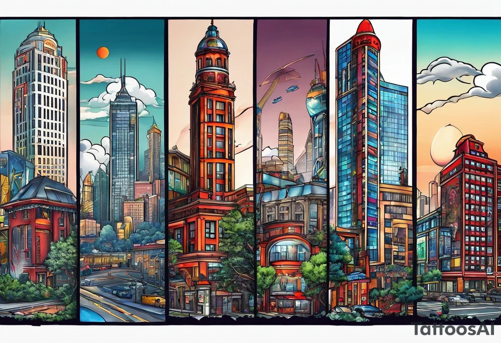 I need a city of Atlanta themed leg sleeve tattoo tattoo idea