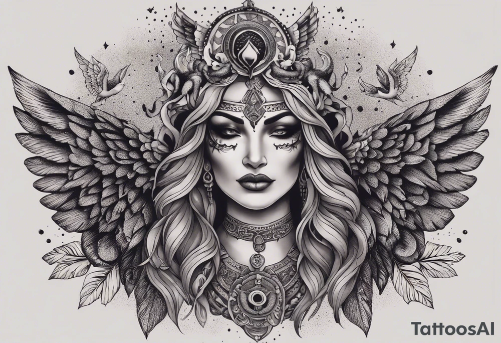 black kali, goddess pirate, alien, angel, pachamama, valkrye, warrior, flying, skull, lotus azul, wing, eagle, zenza resonance, stars, 5D, anahata chakra, death, durga, riding on a tiger, flying lady, chest tatoo tattoo idea