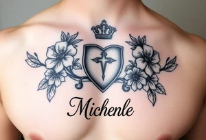 Claddagh with the name Michelle on the chest. Irish flowers tattoo idea