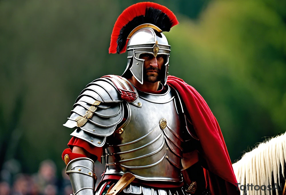 a high ranking roman centurion, soldier, AD 60, wearing armour which must include an armoured belt, breastplate, armoured shoes, shield, helmet and sword. the soldier is strong, tall, large, fit, muscular. the soldier is faceless. We can see the full body of the centurion, from his shoes to his helmet. The soldier is mid-battle, fending off flaming arrows with his shield, advancing towards the enemy, attacking the enemy. attacking pose. The image should be extremely detailed. Need to see the full soldier. tattoo idea