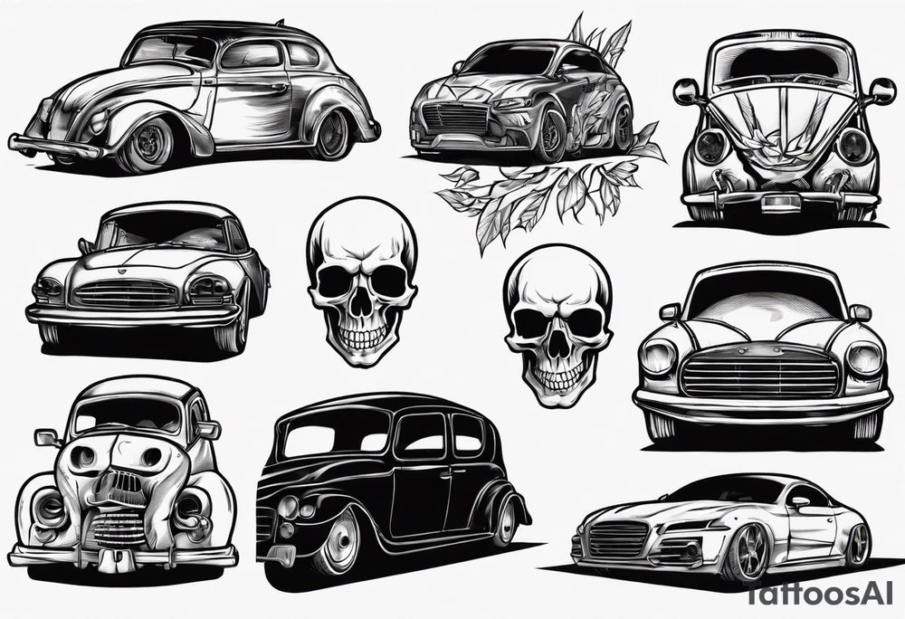 Skull on hood of car tattoo idea
