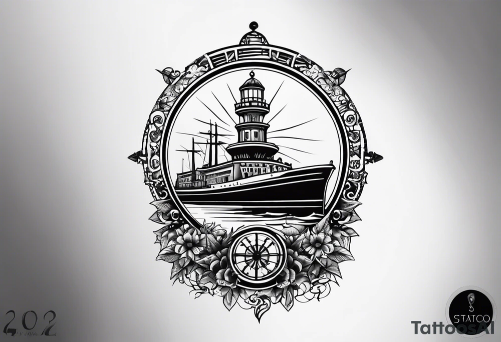 This tattoo depicts the city of Odesa. The main symbols of this city are a ship's wheel, a lighthouse, the Potemkin Stairs, and the sea. The placement of the tattoo is on the front of the thigh. tattoo idea