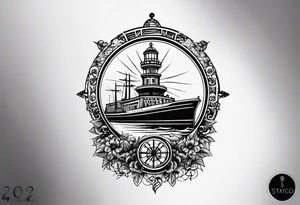 This tattoo depicts the city of Odesa. The main symbols of this city are a ship's wheel, a lighthouse, the Potemkin Stairs, and the sea. The placement of the tattoo is on the front of the thigh. tattoo idea