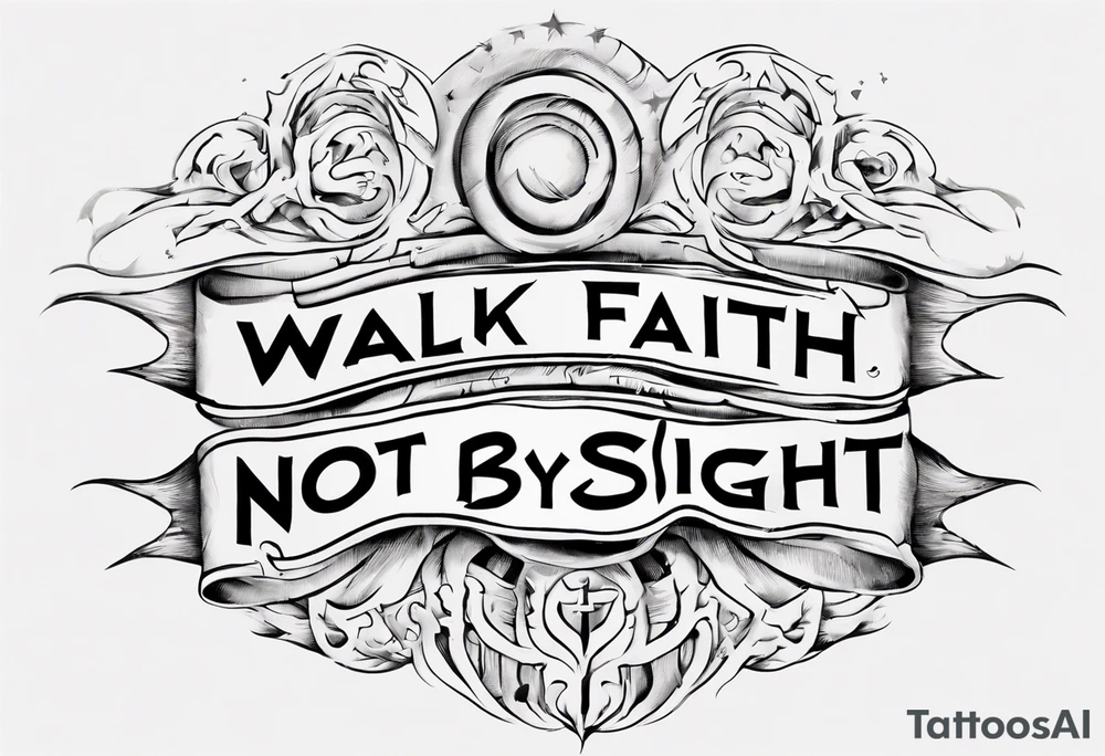 Horizontal inner bicep tattoo. “walk by faith, not by sight” stairwell wrapping around the quote. This design captures the essence of the journey guided by faith. tattoo idea