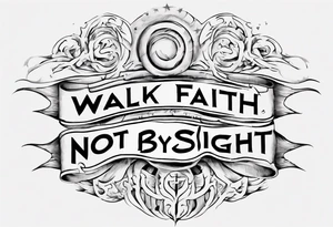 Horizontal inner bicep tattoo. “walk by faith, not by sight” stairwell wrapping around the quote. This design captures the essence of the journey guided by faith. tattoo idea
