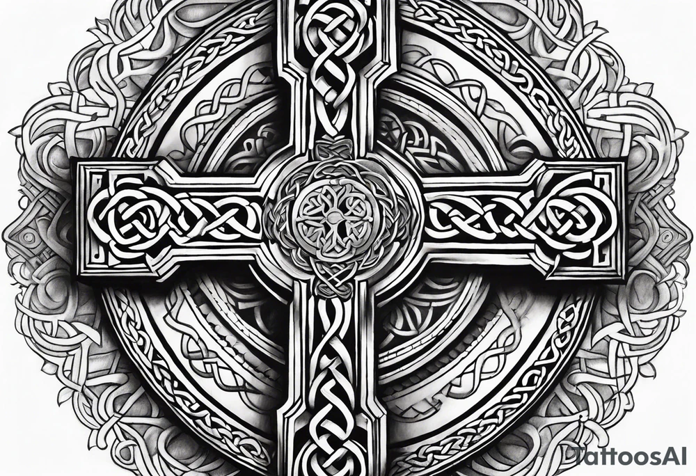 Celtic cross, shamrock in center of cross, one Indian feather hanging from each side arm of cross tattoo idea