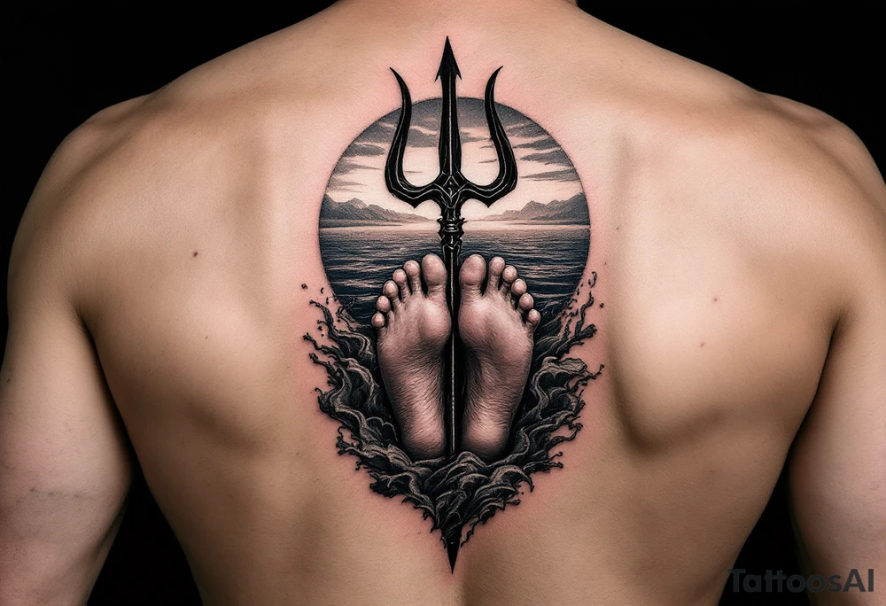 barefeet behind trident with water and sunset tattoo idea