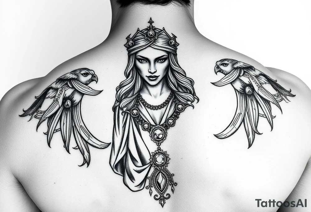 in base a quella statua modificala come se pregasse, con dei tatuaggi/statua rovinata, con collane d'oro, gioielli, criminale, stile tatuaggio bianco e nero, braccio, più femminile tattoo idea