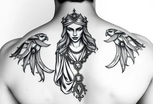 in base a quella statua modificala come se pregasse, con dei tatuaggi/statua rovinata, con collane d'oro, gioielli, criminale, stile tatuaggio bianco e nero, braccio, più femminile tattoo idea