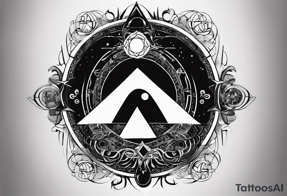 I want a mysterious enigmatic tattoo, with mysterious symbols and phrases, with the meaning of curiosity about conspiracy theories, the future, and the past, something that completes the upper part of the arm that is between the middle of the arm and the shoulder tattoo idea