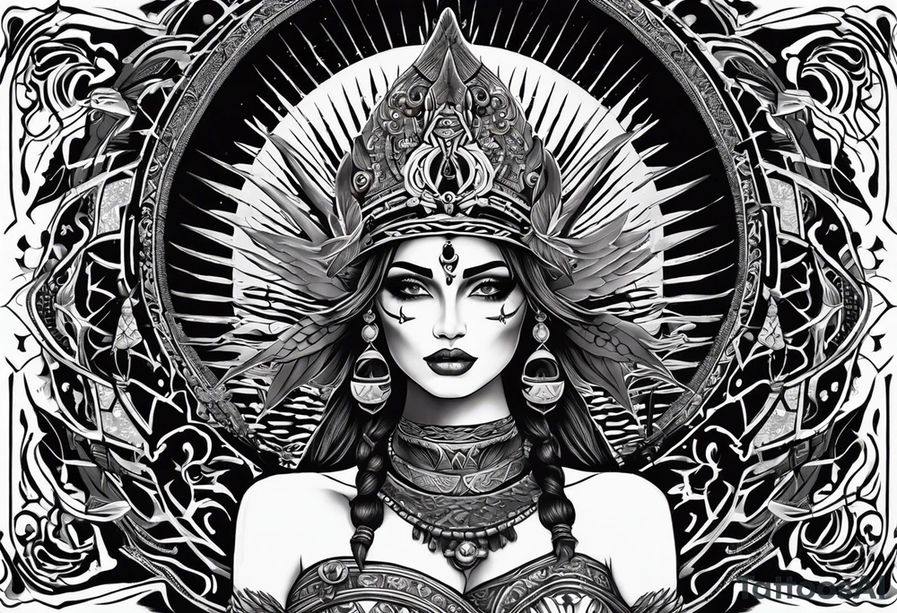 black kali, goddess pirate, alien, pachamama, valkrye, warrior, skull, lotus azul, wing, eagle, zenza resonance, stars, 5D, anahata chakra tattoo idea