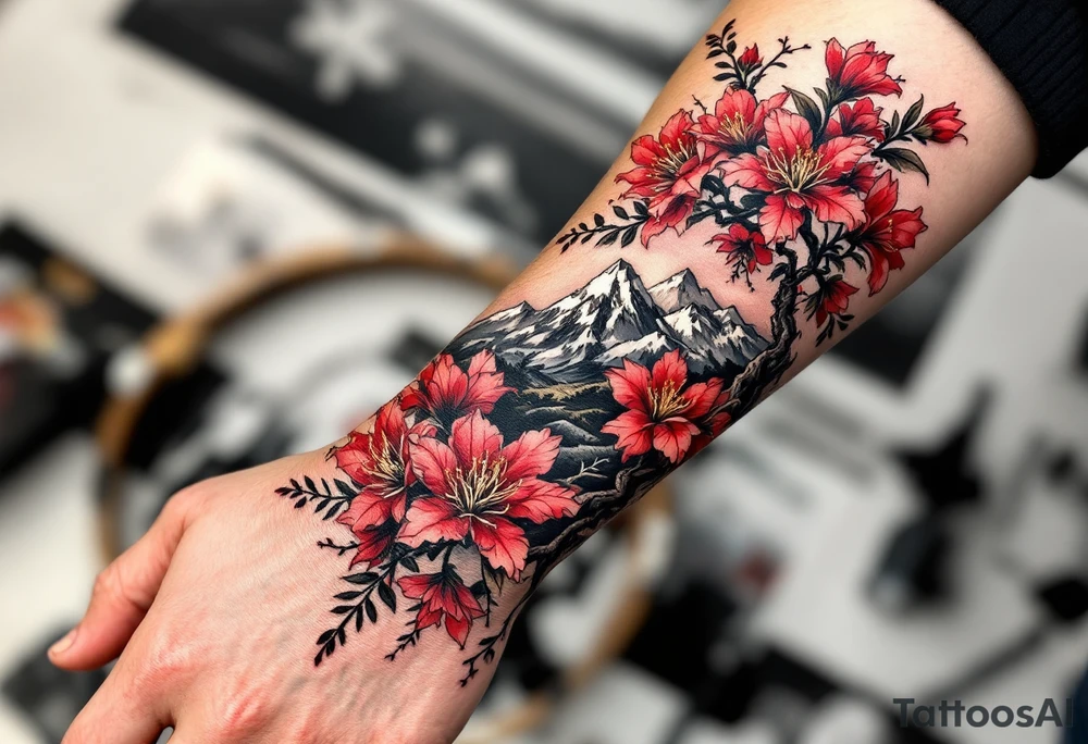 wrap around entire wrist red  and black rhododendron trippy with Himalayas behind tattoo idea