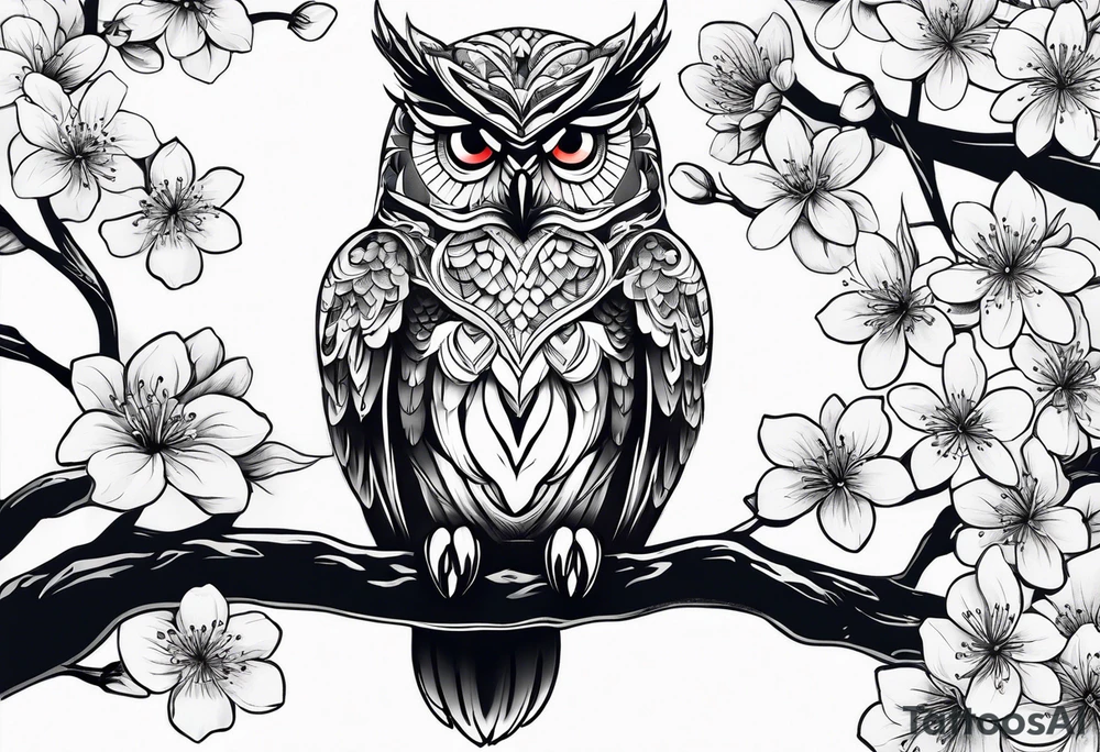 Owl and cherry blossoms tattoo idea