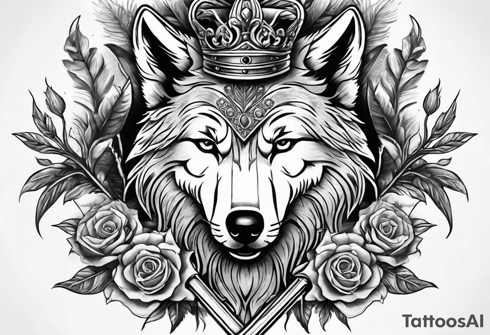 Create a vision of arm tattoo sleeve with combination of sword, crown, tree and three wolves to represent clients family roots tattoo idea