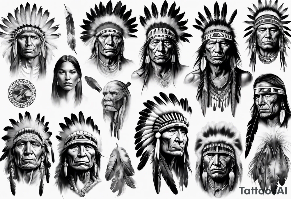 Native American theme man face photorealistic sleeve tattoo idea