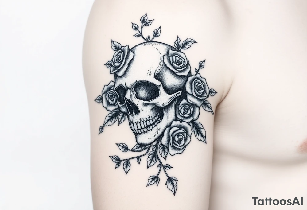 gothic skull intertwined with climbing roses and thorny vines tattoo idea