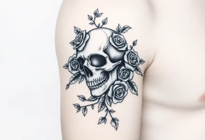 gothic skull intertwined with climbing roses and thorny vines tattoo idea