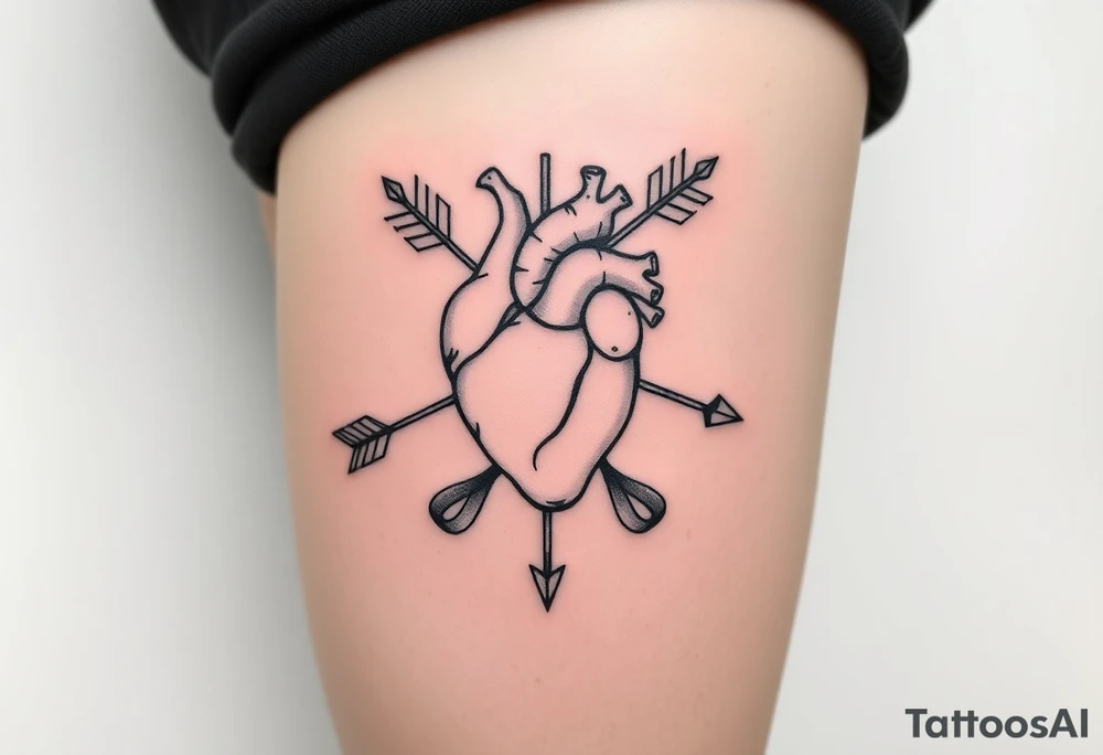 anatomical heart pierced by ornate arrow with flowing ribbons tattoo idea
