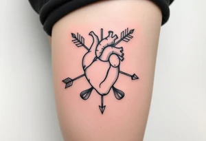 anatomical heart pierced by ornate arrow with flowing ribbons tattoo idea