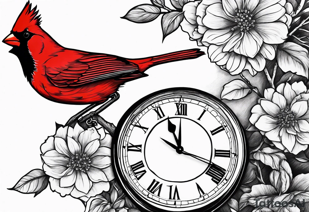 Trees, flowers, clock, red cardinal, representing growth from grief tattoo idea