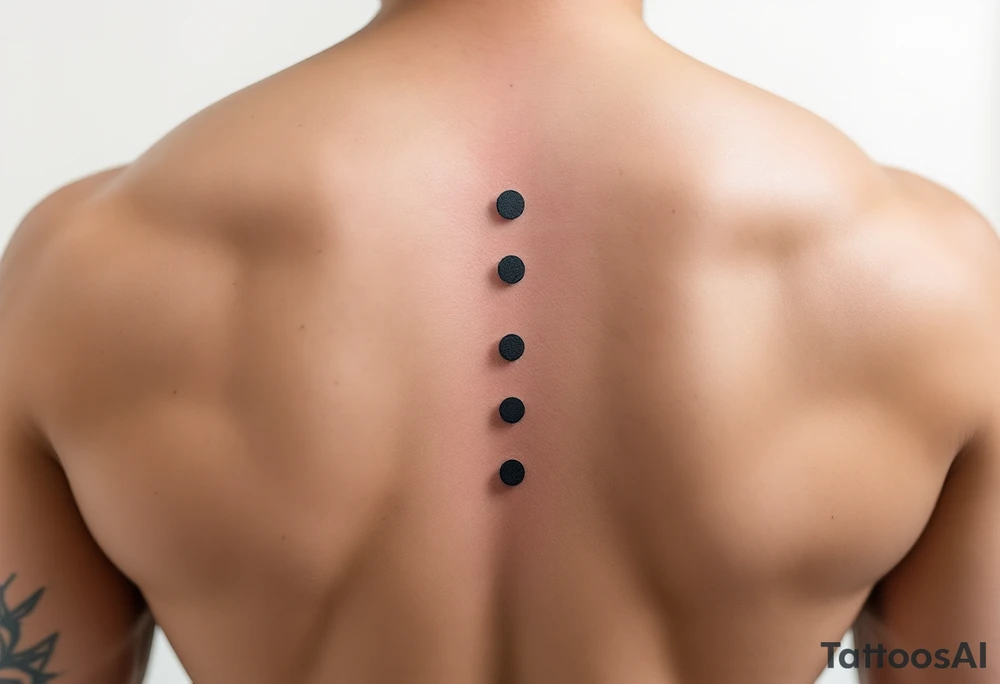 "Only Three" soft gray dots vertically aligned along the spine, symbolizing past, present, and future. tattoo idea