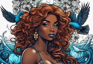 Black skin Aphrodite with auburn hair and ocean-blue eyes surrounded with doves and poison ivy sitting on a heart tattoo idea