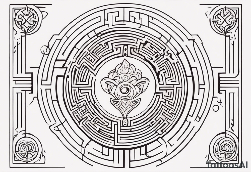 Labyrinth with symbols of bells and masquerade tattoo idea
