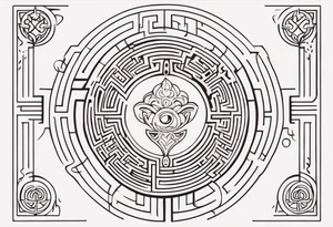 Labyrinth with symbols of bells and masquerade tattoo idea